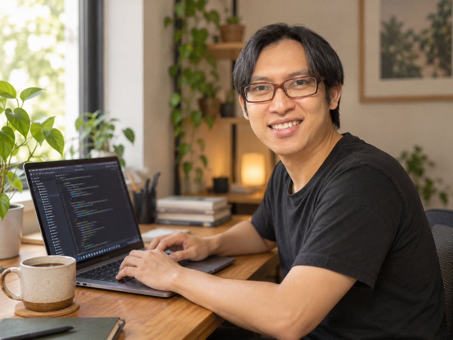 AI-composed portrait of Didin at a desk with a laptop showing code and a cup of coffee