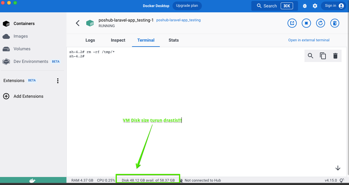 Docker VM Disk Usage hampir mentok!